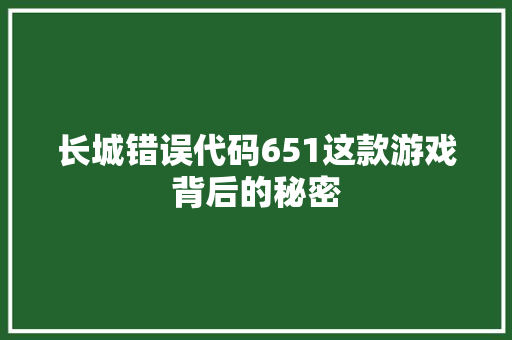 长城错误代码651这款游戏背后的秘密